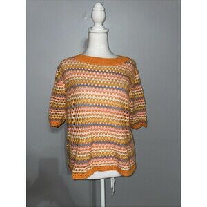 ANGASHION Crochet Sweater Size L Orange Striped Short Sleeve